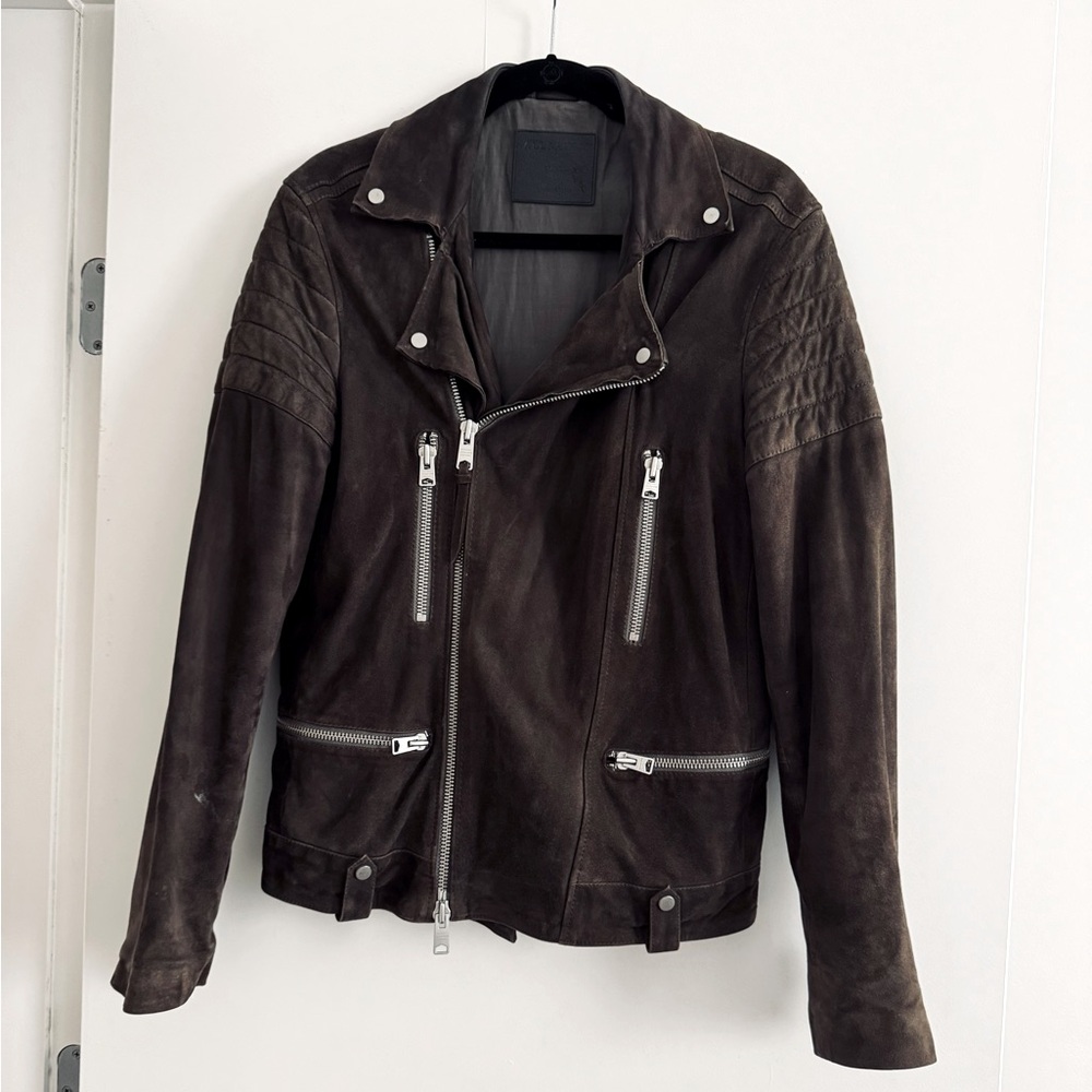 Grey Suede Leather Allsaints Moto Jacket